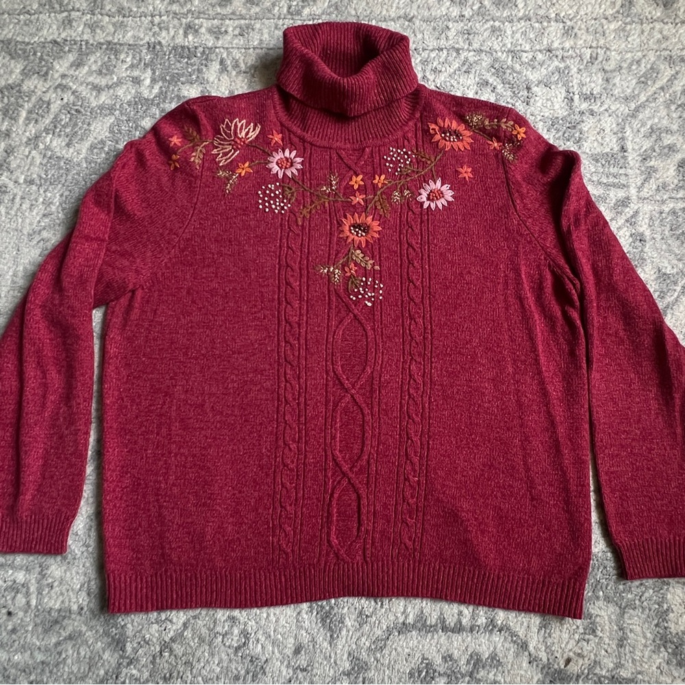Alfred Dunner Burgundy Turtleneck Sweater with Floral Embroidery